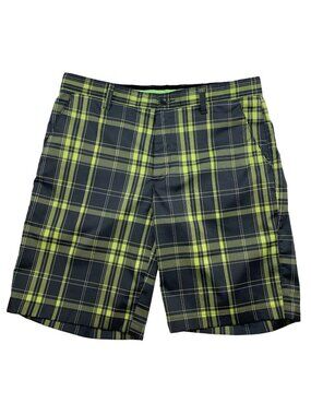 Greg Norman For Tasso Elba Mens Slim Fit Plaid Golf Shorts Size 32 Black & Green